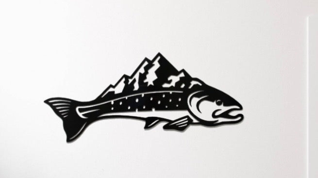 Steel Trout with Mountain Sign – Handcrafted Metal, 27"x9"