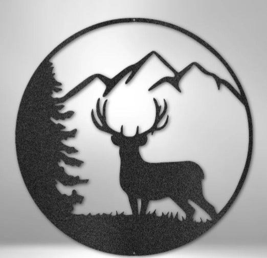 Deer with Mountains Metal Sign – Handcrafted, 27"