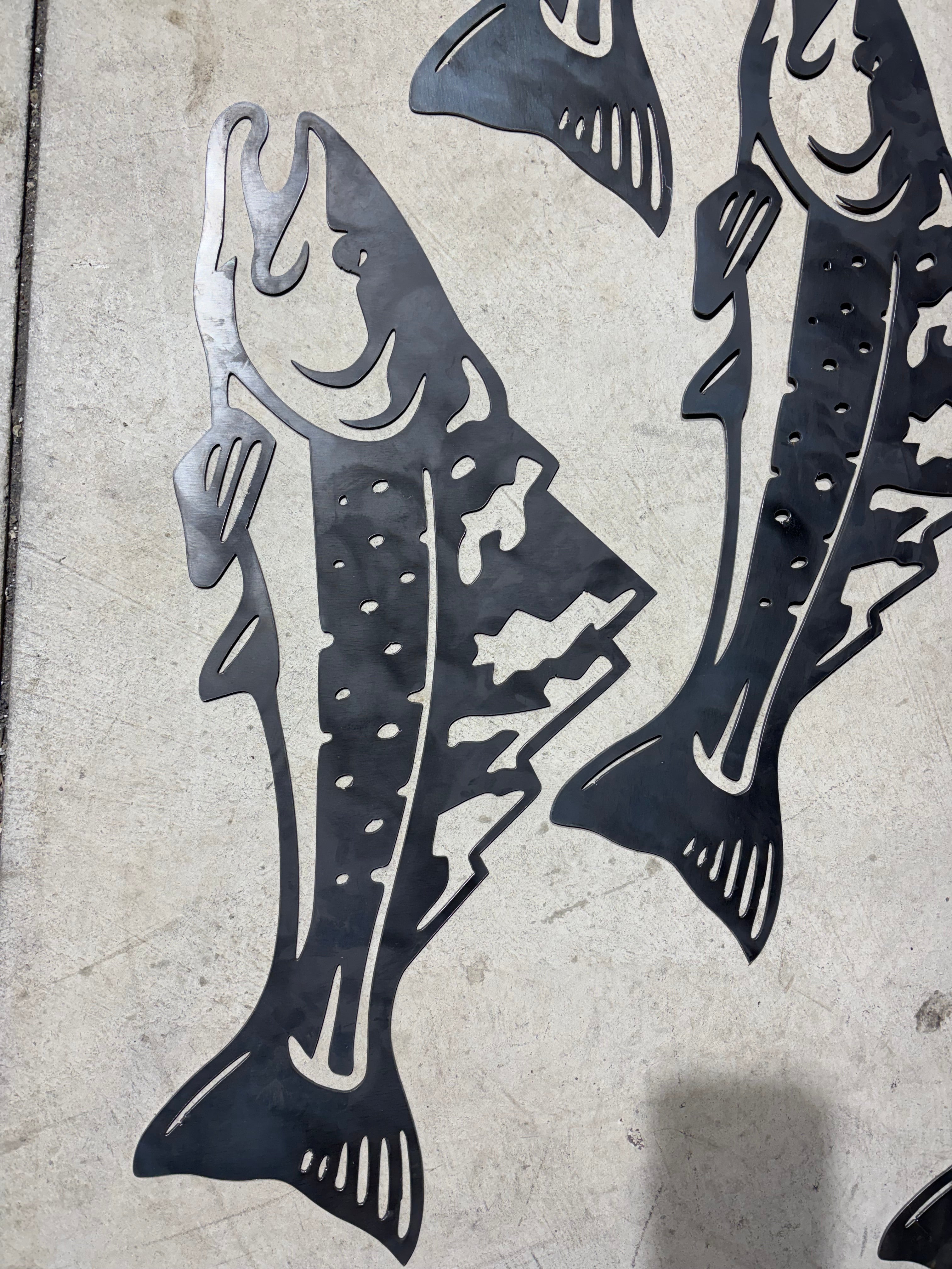 Steel Trout with Mountain Sign – Handcrafted Metal, 27"x9"