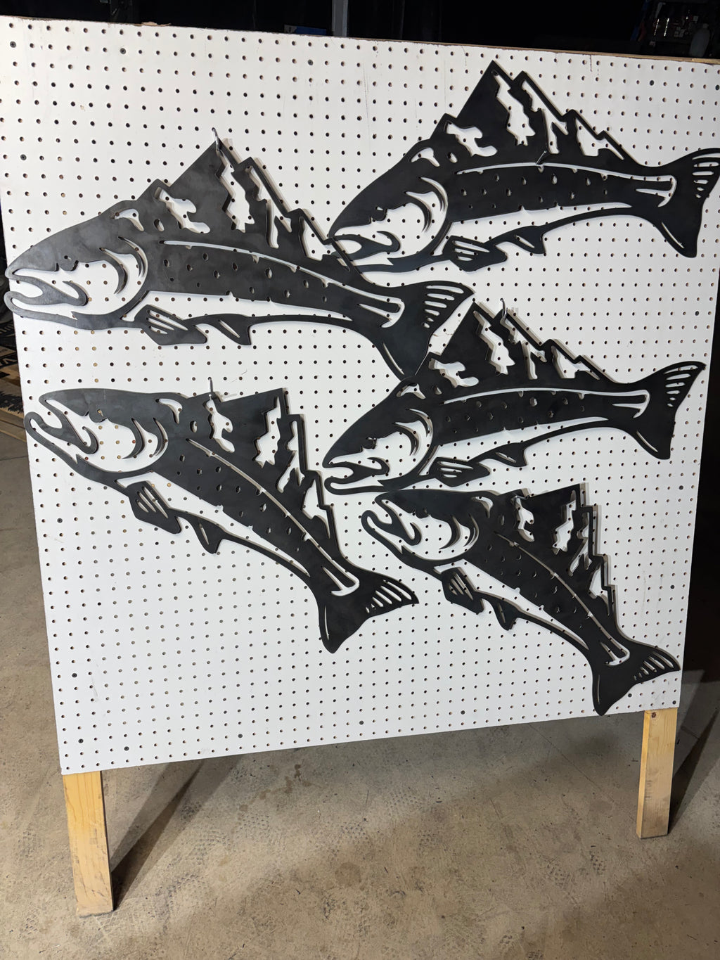 Steel Trout with Mountain Sign – Handcrafted Metal, 27"x9"